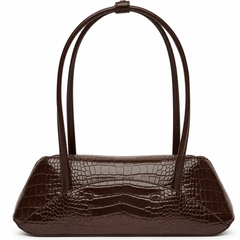 A dark brown crocodile-embossed leather handbag with a structured, slouchy silhouette and dual top handles, shown against a plain white background.