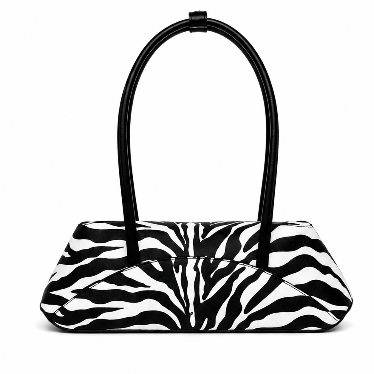 A black and white zebra-print handbag with a structured shape and two curved black shoulder straps, shown against a plain white background.
