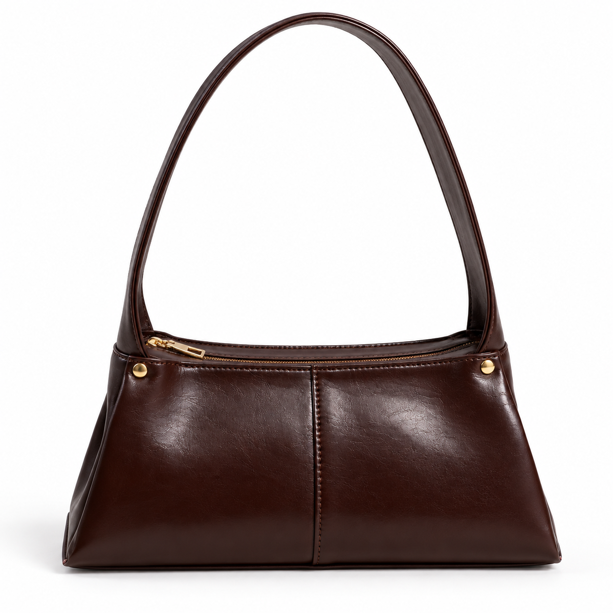 A dark brown leather shoulder bag with a single top handle, gold-tone hardware, and a zippered top opening, shown against a plain white background.