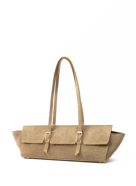 A structured taupe-brown suede handbag with dual shoulder straps and gold-tone buckle details, shown against a plain white background.