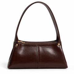 A dark brown leather shoulder bag with a single top handle, gold-tone hardware, and a zippered top opening, shown against a plain white background.